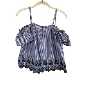 Floral Eyelet Striped Top Off Shoulder Blue S Boho Indie Nautical Coastal Preppy